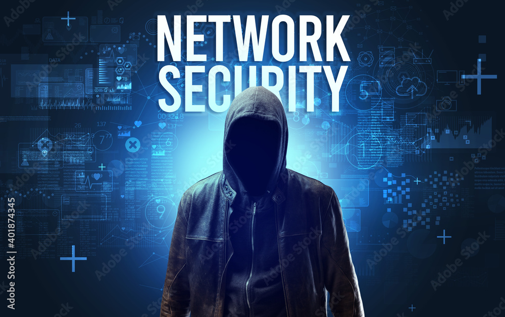 Faceless man with NETWORK SECURITY inscription, online security concept Faceless man with NETWORK SECURITY inscription, online security concept