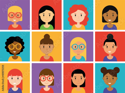 Hand drawn flat style illustrations design concept. Woman, female, girl, kids characters portrait avatar cartoon vector set colorful squares people icons.