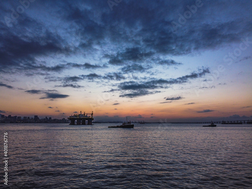 sunset over the port