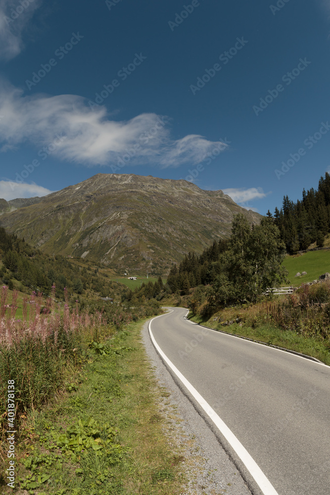 Naklejka premium Lonely road from Ischgl to the mountains with beatiful summer nature.