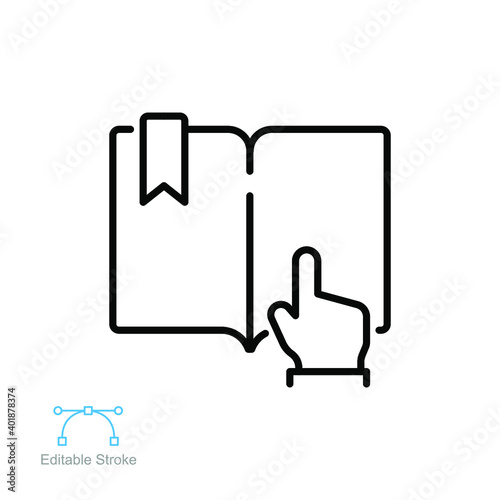 Book click vector icon, Click on online book symbol. open study and reading literature with hand pointer. outline logo pictogram Editable stroke Vector illustration design on white background. EPS 10