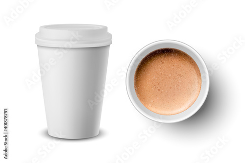 Vector 3d Realistic Paper or Plastic White Disposable Coffee Cup with Lid and Milk Coffee Set Isolated. Capuccino, Latte. Vector illustration. Design Template for Mockup. Top, Front View