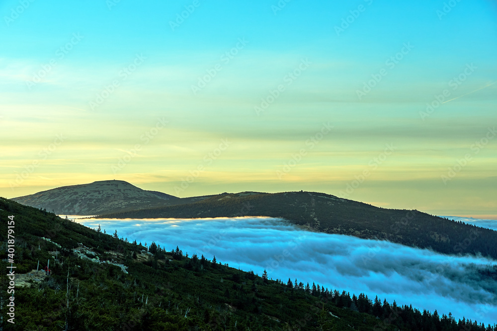 Clouds and fog over the coniferous forest in the mountains in Giant Mountains