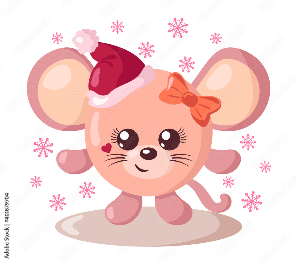 Obraz premium Funny cute kawaii mouse with Christmas hat and round body surroundet by snowflakes in flat design with shadows. Isolated winter holiday vector illustration 