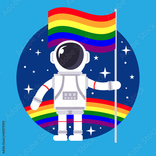 Astronaut holding a gay flag in front of rainbow and space in the background. LGBT and homosexuality concept template. Copy space for design. Flat style design vector