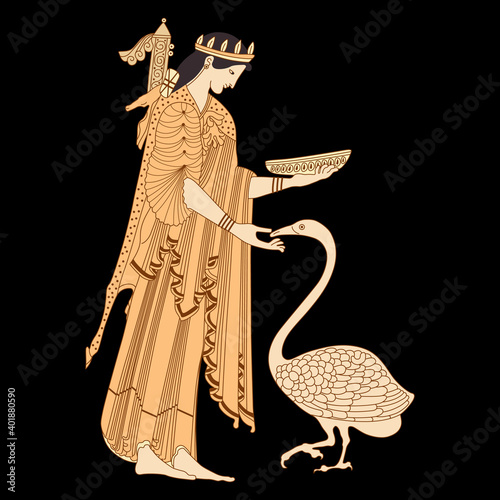 Ancient Greek goddess Artemis feeding swan. Vase painting style.