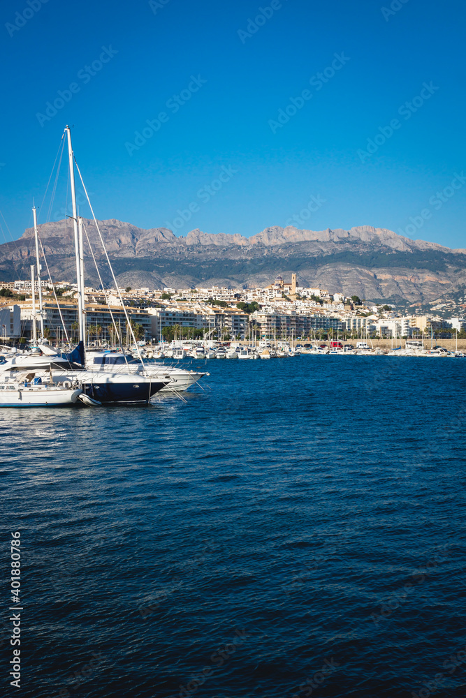 Port of Altea with view on mountain range with old city and cathedral, Altea, Costa Blanca, Spain Port of Altea with view on mountain range with old city and cathedral, Altea, Costa Blanca, Spain