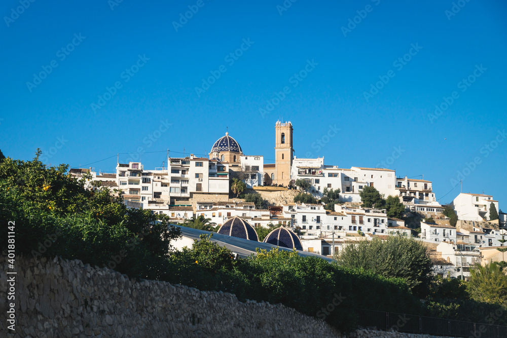 Old town of Altea on hill with blue domed cathedral, Altea, Costa Blanca, Spain