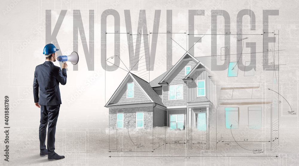 Young engineer holding blueprint with KNOWLEDGE inscription, house planning concept Young engineer holding blueprint with KNOWLEDGE inscription, house planning concept