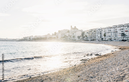 Fototapeta Naklejka Na Ścianę i Meble -  The destroyed beach in Altea after storm Gloria in January 2020 with view on coast and old town, Altea, Costa Blanca, Spain