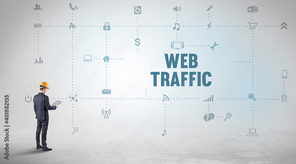 Engineer working on a new social media platform with WEB TRAFFIC inscription concept Engineer working on a new social media platform with WEB TRAFFIC inscription concept