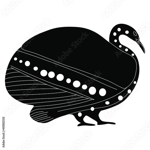 Stylized bird. Swan or waterfowl. Ancient Greek vase painting motif. Folk style. Black and white silhouette.