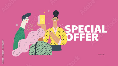Discounts, sale, promotion - shop consultant - modern flat vector concept illustration of customers and a salesperson telling about and offering the product. Special Offer caption