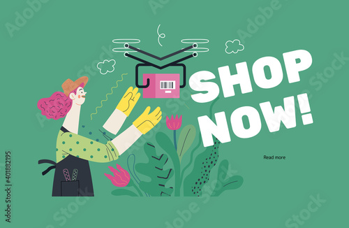 Discounts, sale, promotion -delivery -modern outlined flat vector concept illustration of a woman doing gardening job, wearing apron and gloves receiving an online order shipped with a drone. Shop now