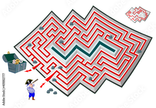 Logic puzzle game with labyrinth for children and adults. Help the pirate find the way to the treasure chest. Sheet for kids brain teaser book. IQ test with maze. Play online. Vector illustration.