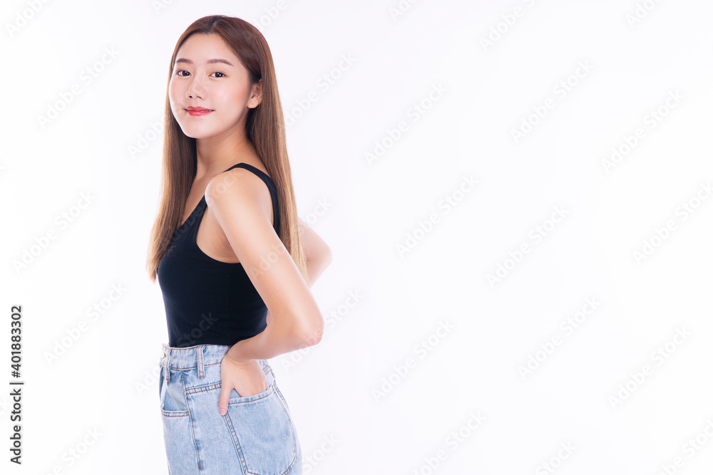 Happy smile young woman looking back at product on sale promotion with copy space while standing over isolated white background