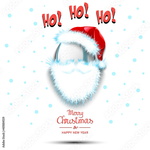 Merry Christmas and Happy New Year. Santa in the form of a rugby ball. Rugby ball with beard and santa hat. Greeting card design template with for new year. Vector illustration