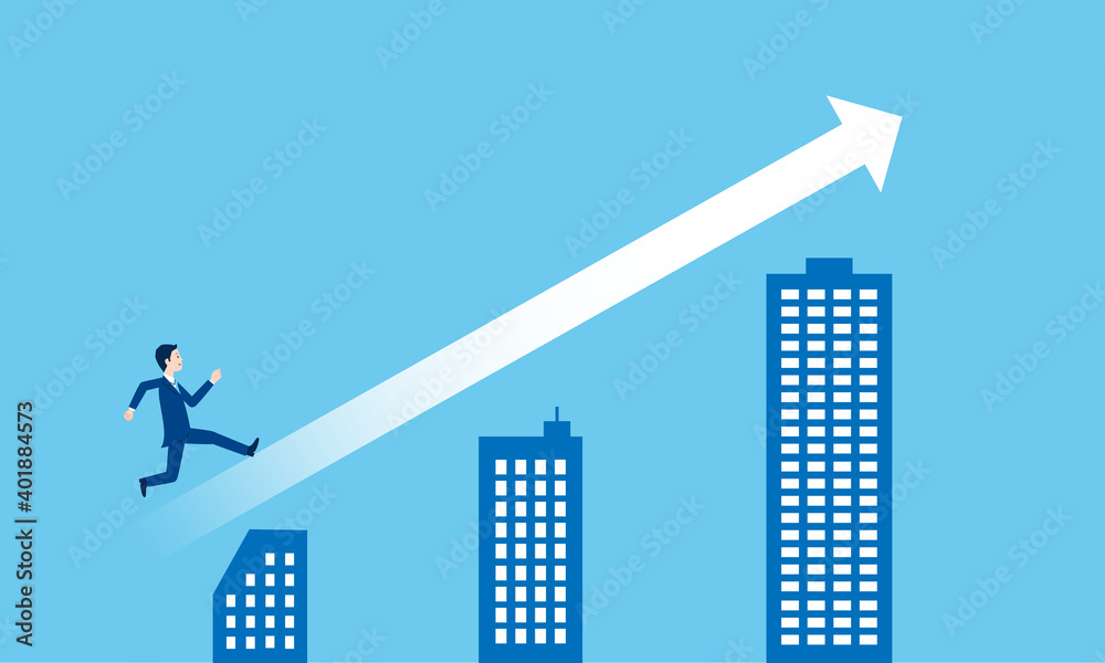 会社規模の拡大のイラストイメージ 矢印と走るビジネスマン ベクター素材 Stock Vector Adobe Stock