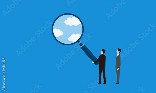 虫眼鏡で青空を発見、成功のイメージ、ベクターイラストレーション