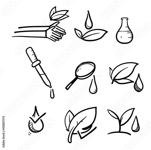 hand drawn organic leaf line icons symbol for Dermatologically tested, Paraben chemical formula icons. Hypoallergenic tested in doodle style