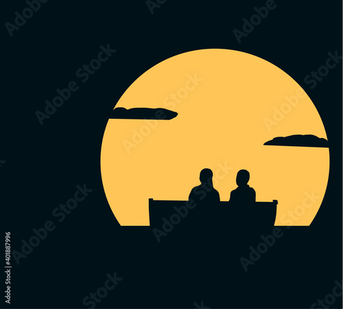 Black silhouettes of romantic night couple sit in park looking at moon under stars in night sky with text place.