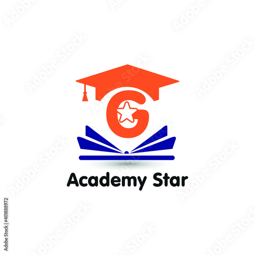 Education and academy letter G logo concept with opened book, star, and graduation cap. Course and training logo style vector template