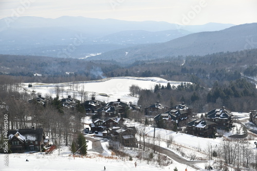 Stowe Mountain Ski Resort in Vermont, Spruce peak villlage in December- early winter season in VT, hi-resolution image