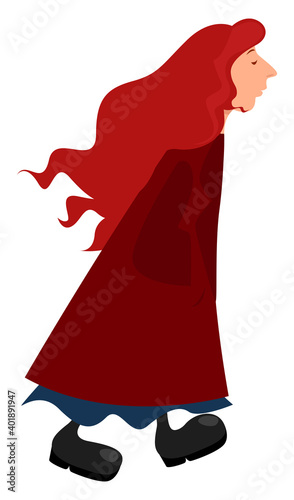 Girl in a windy weather, illustration, vector on a white background.