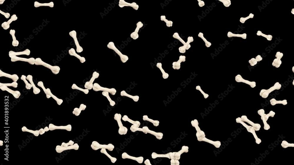 Flying many bones on black background. Dog bone icon. Pet food. 3D animation of bones rotating. Loop animation. Flying many bones on black background. Dog bone icon. Pet food. 3D animation of bones rotating. Loop animation.