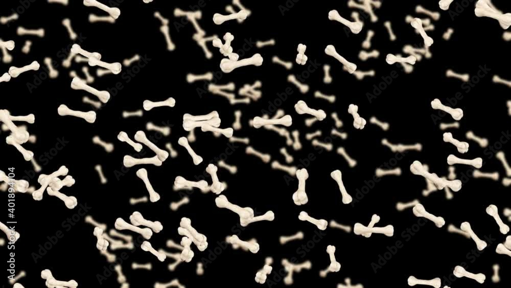 Flying many bones on black background. Dog bone icon. Pet food. 3D animation of bones rotating. Loop animation. Flying many bones on black background. Dog bone icon. Pet food. 3D animation of bones rotating. Loop animation.
