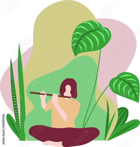 flutist sits in the garden and plays music