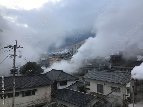 Scenery of Beppu Onsen where steam rises