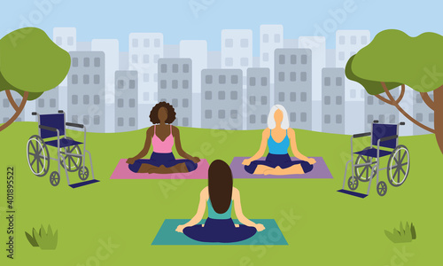 Women wheelchair users doing yoga class