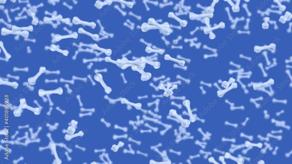 Flying many bones on blue background. Dog bone icon. Pet food. 3D animation of bones rotating. Loop animation. Flying many bones on blue background. Dog bone icon. Pet food. 3D animation of bones rotating. Loop animation.