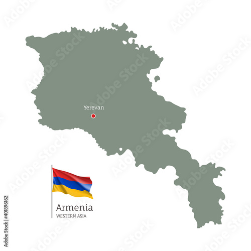 Silhouette of Armenia country map. Highly detailed editable map of Armenia with national flag and Yerevan capital, Western Asia country territory borders vector illustration on white background