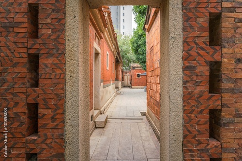 Traditional red brick buildings and narrow alleys with South Fujian building style  famous travel destination Wudian City in Quanzhou  China