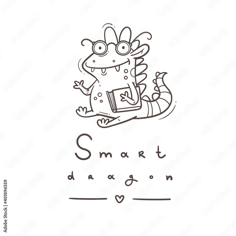 Card with  cute cartoon smart dragon. Funny crocodile print. Reading reptile poster. Vector doodle line art. Illustration for children. Books and studying.