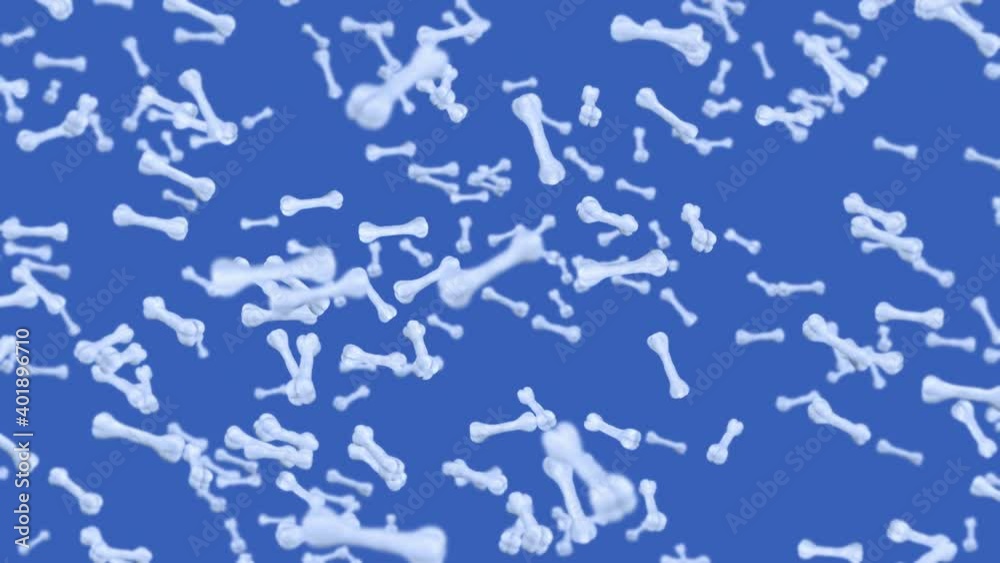 Flying many bones on blue background. Dog bone icon. Pet food. 3D animation of bones rotating. Loop animation.