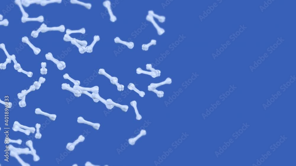 Flying many bones on blue background. Dog bone icon. Pet food. 3D animation of bones rotating. Loop animation. Flying many bones on blue background. Dog bone icon. Pet food. 3D animation of bones rotating. Loop animation.