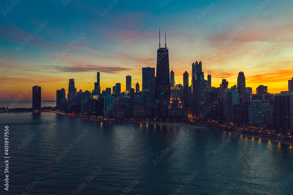 Beautiful sunset above Chicago lakefront skyscrapers, aerial view