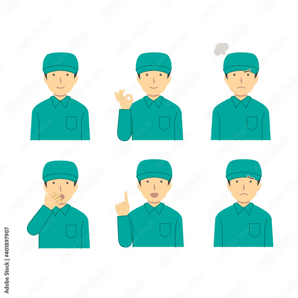 Work clothes men facial expression illustration set, collection Work clothes men facial expression illustration set, collection