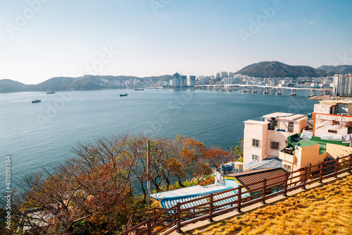 Panorama view of Huinnyeoul Culture Village and sea in Busan, Korea