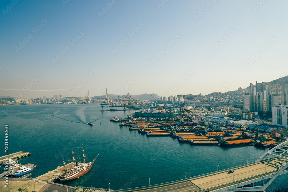 Panorama view of Busan harbor in Busan, Korea