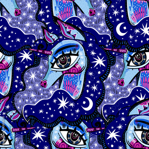 Folk Magic Mellow Unicorn head with big eyes and stars in its mane seamless pattern in rustic Hygge flash style.