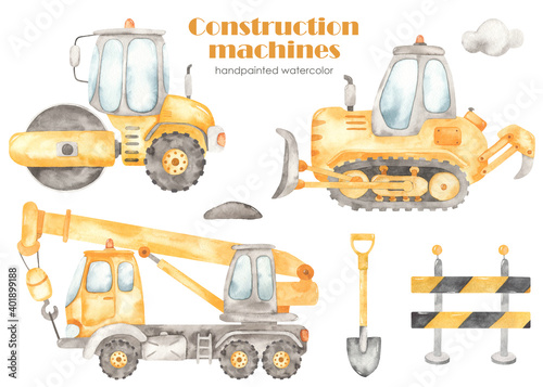 Watercolor clipart with construction machinery. Bulldozer, truck crane, road roller, protective tape, shovel, cloud