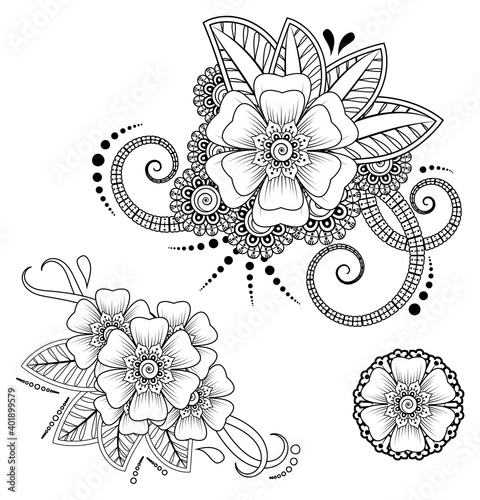 Mehndi flower decoration in ethnic oriental, indian style. doodle ornament. outline hand draw illustration. coloring book page.