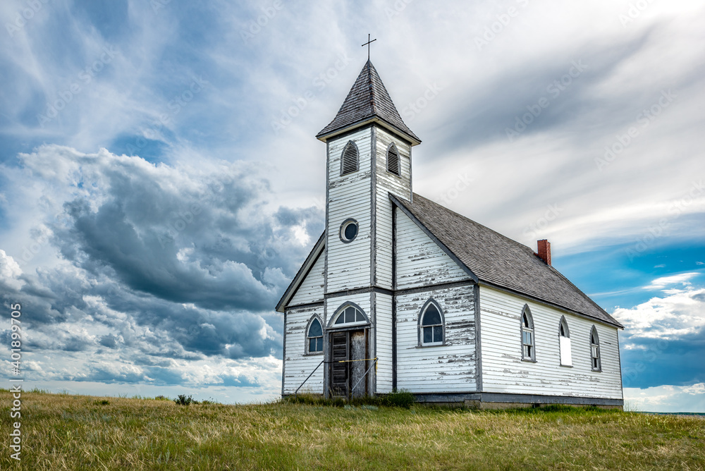 Clouds surround Peace Lutheran Church in Stonehenge, Saskatchewan