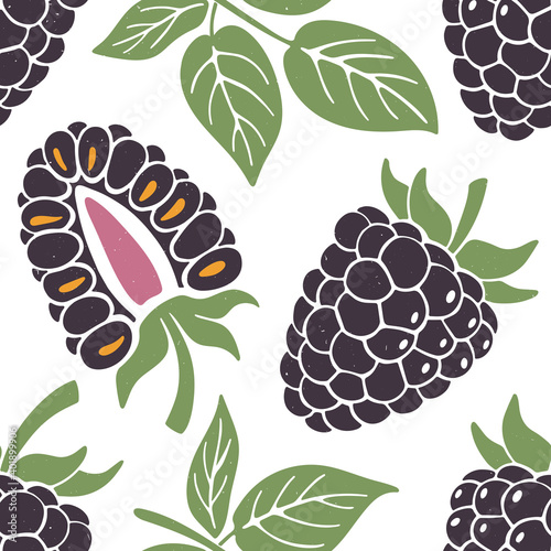 Cute blackberry seamless pattern. Ripe blackberry, blackberry lobules and leaves on white background. Vector shabby hand drawn illustration