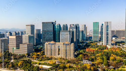 Aerial photography of the skyline of modern urban architectural landscape in Hangzhou, China..