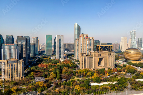 Aerial photography of the skyline of modern urban architectural landscape in Hangzhou, China..